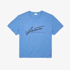 Lacoste Big Fit Signature Print T-Shirt Blue Chine | BGR-236517