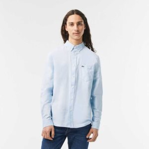 Lacoste Buttoned Collar Oxford Cotton Shirt Blue | RYI-367480