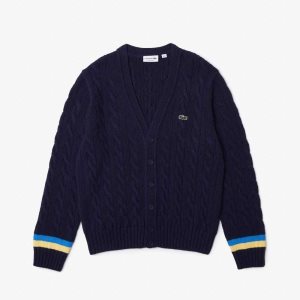 Lacoste Classic Fit Contrast Striped Cardigan Navy Blue / Yellow / Blue | RLC-216490