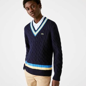 Lacoste Classic Fit Contrast Striped Wool Sweater Navy Blue / Yellow / Blue | AZC-375064