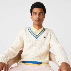 Lacoste Classic Fit Contrast Striped Wool Sweater White / Yellow / Blue | VOH-426108