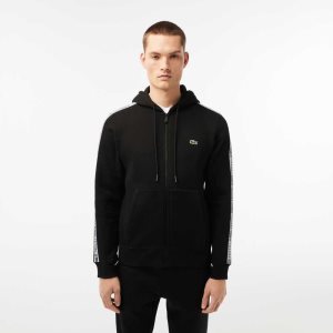 Lacoste Classic Fit Zipped Hoodie with Brand Stripes Black | FBS-647318