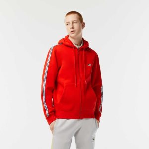 Lacoste Classic Fit Zipped Hoodie with Brand Stripes Red | YRN-678034