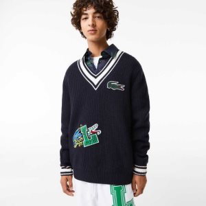 Lacoste Comic Badge Sweater Navy Blue / White | XTR-235108