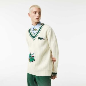 Lacoste Comic Badge Sweater White / Green | JTF-627345