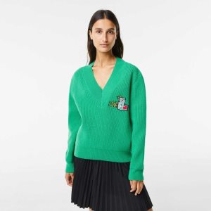 Lacoste Comic Badge V-Neck Wool Sweater Green | BXJ-835041