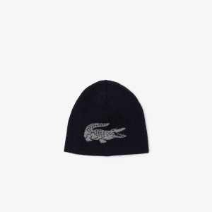 Lacoste Contrast Crocodile Reversible Beanie Navy Blue / Grey Chine | IUG-021893