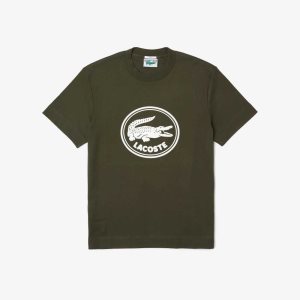 Lacoste Crew Neck 3D Printed logo Cotton T-Shirt Khaki Green | CHB-197530