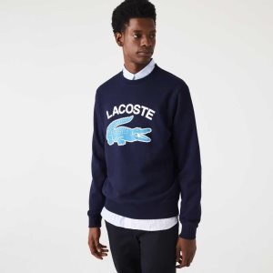 Lacoste Crocodile Print Crew Neck Sweatshirt Navy Blue | HPZ-930827