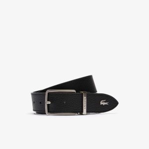 Lacoste Engraved Buckle Grained Leather Belt Black | ORI-524938