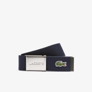 Lacoste Engraved Buckle Woven Fabric Belt Navy Blue | LUM-548023