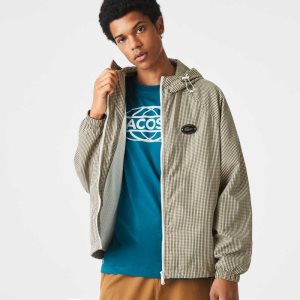 Lacoste Hooded Check Twill Jacket Beige / Navy Blue / White / Khaki Green | MXB-894571