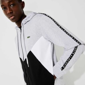 Lacoste Hooded Colorblock Lettered Fleece Zip Sweatshirt Grey Chine / Black / White | MEY-972186