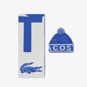 Lacoste Jacquard Knit Beanie And Scarf Gift Set Blue / White | KVC-867149