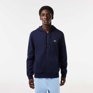 Lacoste Kangaroo Pocket Fleece Zipped Sweatshirt Navy Blue | DBY-639024