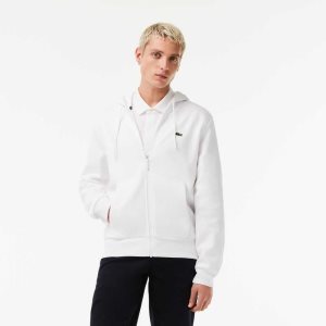 Lacoste Kangaroo Pocket Fleece Zipped Sweatshirt White | DCI-983705