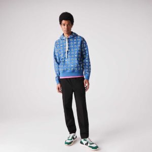 Lacoste LIVE Loose Fit Print Cotton Hoodie Blue / White | ZLB-042581