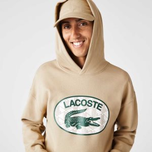 Lacoste Loose Fit Branded Monogram Hooded Sweatshirt Beige | CSY-082964