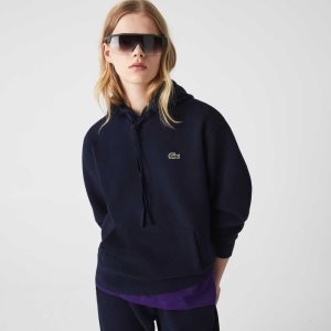 Lacoste Loose Fit Hooded Cotton Blend Sweatshirt Navy Blue | APD-538410