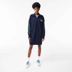 Lacoste Oversized Zip Neck Polo Dress Navy Blue | GHA-543617