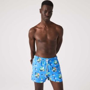 Lacoste Printed Built-In Mesh Boxer Swimming Trunks Blue / White | CIF-278953