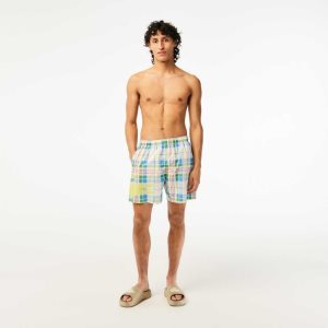 Lacoste Quick-Dry Colored Check Swim Trunks White | ICR-798526