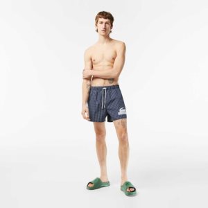 Lacoste Recycled Polyester Checked Swim Trunks Navy Blue / White | NKU-460587