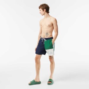 Lacoste Recycled Polyester Colorblock Swim Trunks Navy Blue / Green / White | QRZ-934680