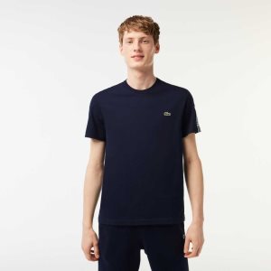 Lacoste Regular Fit Logo Stripe T-Shirt Navy Blue | BPC-384276