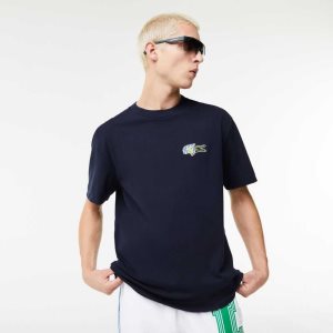 Lacoste Relaxed Fit Comic Effect Badge T-Shirt Navy Blue | PTK-602519