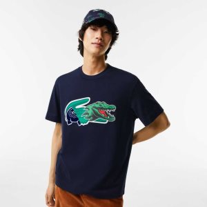 Lacoste Relaxed Fit Oversized Crocodile T-Shirt Navy Blue | ZKJ-201543