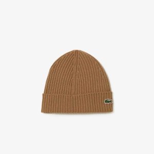 Lacoste Ribbed Wool Beanie Brown | ETL-469538