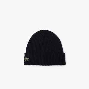 Lacoste Ribbed Wool Beanie Navy Blue | RIZ-185697