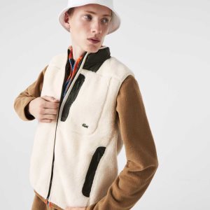 Lacoste Sherpa Fleece Vest White / Khaki Green | OGY-139502