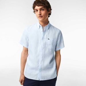 Lacoste Short Sleeve Linen Shirt Light Blue | JPD-759218