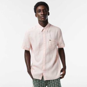 Lacoste Short Sleeve Linen Shirt Light Pink | FJU-619432