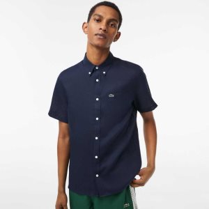 Lacoste Short Sleeve Linen Shirt Navy Blue | TJI-624953