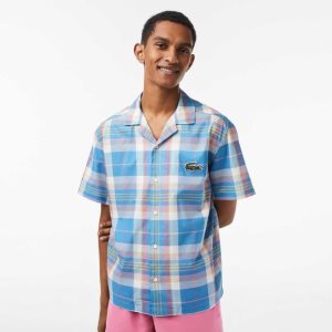 Lacoste Short Sleeve Organic Cotton Check Shirt Blue / White | UMX-072569