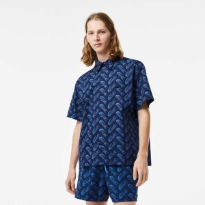 Lacoste Short Sleeve Vintage Print Shirt Navy Blue / Blue | QML-291037