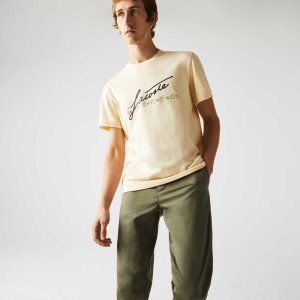 Lacoste Signature And Crocodile Print Crew Neck Cotton T-Shirt Yellow | EJX-361025