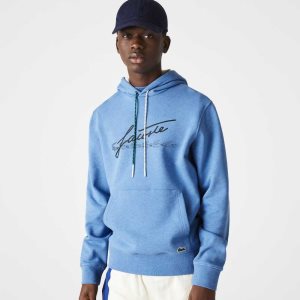 Lacoste Signature Flecked Cotton Fleece Hoodie Blue Chine | IDZ-713598