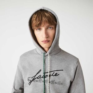 Lacoste Signature Flecked Cotton Fleece Hoodie Grey Chine | VHB-851702