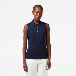 Lacoste Slim Fit Sleeveless Cotton Pique Polo Shirt Navy Blue | FCZ-529673