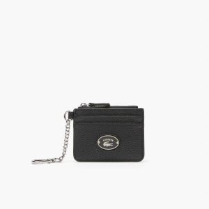 Lacoste Snap Hook Grained Leather Card Holder Black | RKL-859641