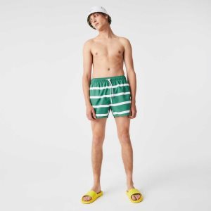 Lacoste Striped And Embroidered Light Swimming Trunks Green / White | WJI-849623