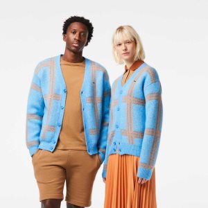 Lacoste Tartan Pattern Wool Cardigan Blue / Orange / Brown | NCR-593726