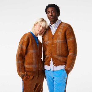 Lacoste Tartan Pattern Wool Cardigan Brown / Blue / Orange | VOX-713098