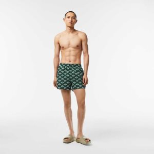 Lacoste Two-Tone Monogram Print Swim Trunks Green / White | GUJ-078694