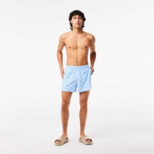 Lacoste Two-Tone Monogram Print Swim Trunks Blue / White | HJF-806395