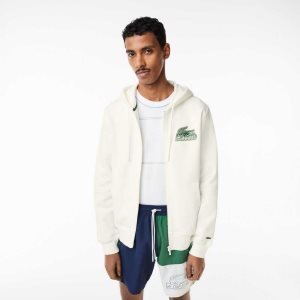 Lacoste Unbrushed Fleece Zipped Hoodie White | GHF-013768